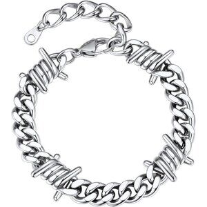 Siver Barbed Wire Cuban Chain Bracelet 7/9mm Punk Gothic Stainless Steel Unisex